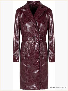 Long Faux Leather Trench Coat with Belt, Slim Fit, Knee Length